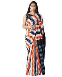 Shivanya Handicrafts Women's  Hand block printed cotton mulmul fabric saree Ikkat printed With Blouse Piece Traditional Jaipuri Print
