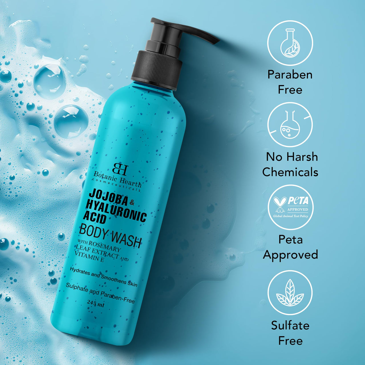 Botanic Hearth Jojoba & Hyaluronic Acid Body Wash with Sea Butter & Sweet Almond Oil | Moisturizing Body Wash Shower Gel for Softer, Smoother Skin | Sulfate & Paraben Free | for Women & Men | 245ml