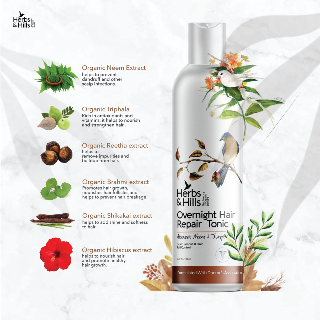 Herbs & Hills Overnight Hair Repair Tonic 100 ml with Aloe Vera, Neem & Juniper for Dry Hair, Scalp Rescue & Control Hair Fall, Reduce Dandruff, Maintains Healthy Hairs, for Men & Women