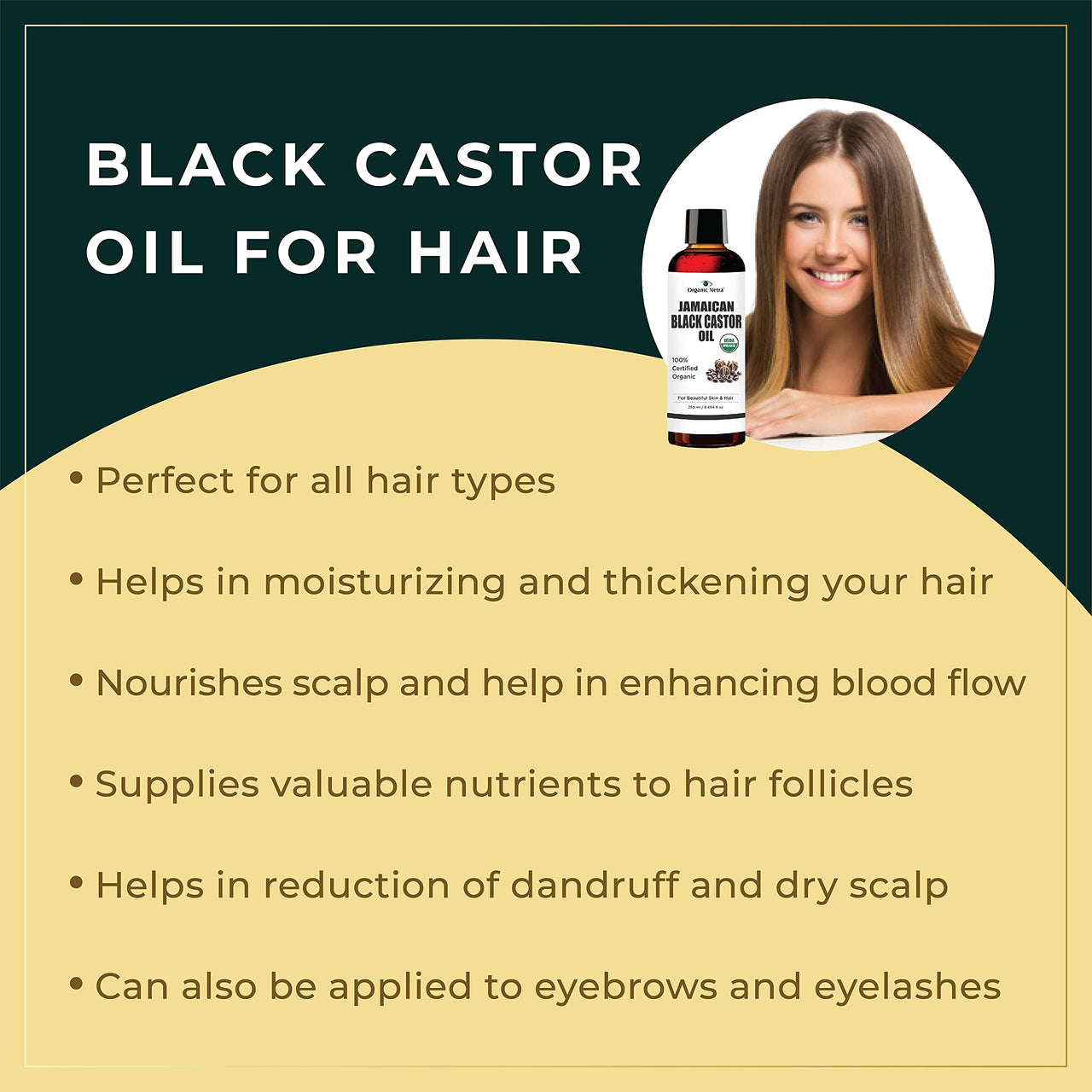 Organic Netra Cold Pressed Jamaican Black Castor Oil for Hair Growth | For healthy, thick and black hair | Reduces Acne Marks and fine lines | For All Hair and Skin Types - 250ml