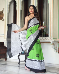 Shivanya Handicrafts Women's  Hand block printed cotton mulmul fabric saree With Blouse Piece Traditional Jaipuri Print_Vari