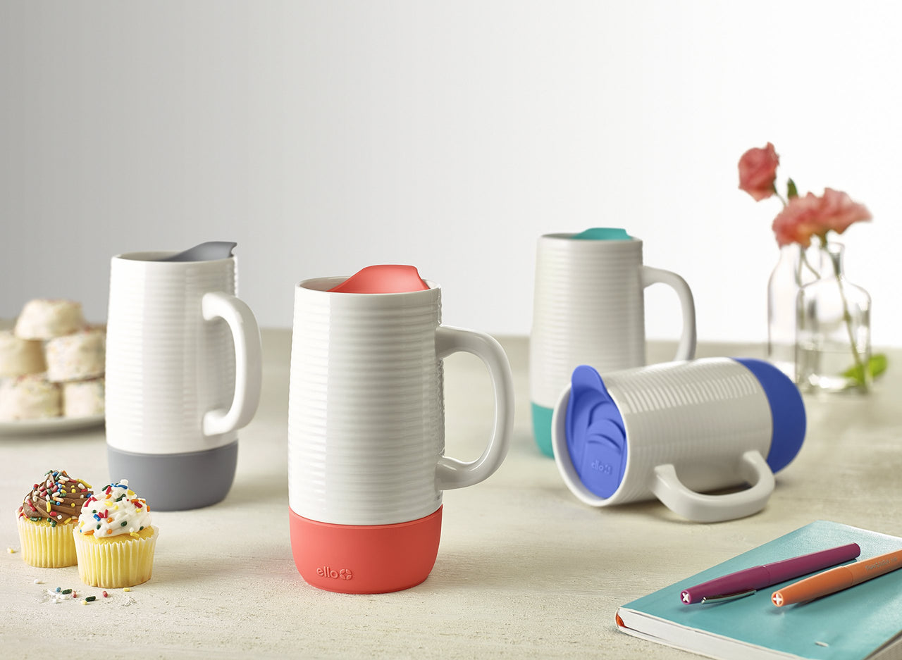 Ello Jane 18oz Ceramic Travel Mug with Handle, Splash-Resistant Slider Lid and Built-in Coaster, Perfect for Coffee and Tea, BPA Free, Dishwasher Safe Midnight