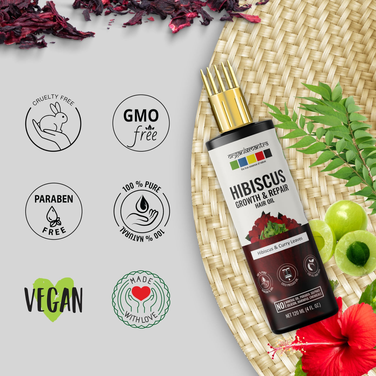 Organix Mantra Hibiscus & Curry Leaves Hair Oil | Advanced Follicle Activation | Infused with Bhringraj, Amla, Rosemary, Peppermint & Lavender Oils | Promotes Thicker, Stronger Hair 120ML