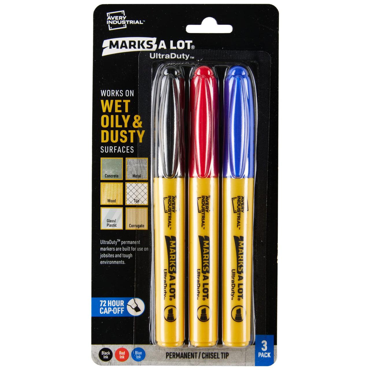 AVERY Marks A Lot UltraDuty Permanent Markers, Chisel Tip, Water Resistant, Assorted Colors, 3 Industrial Markers (29864)