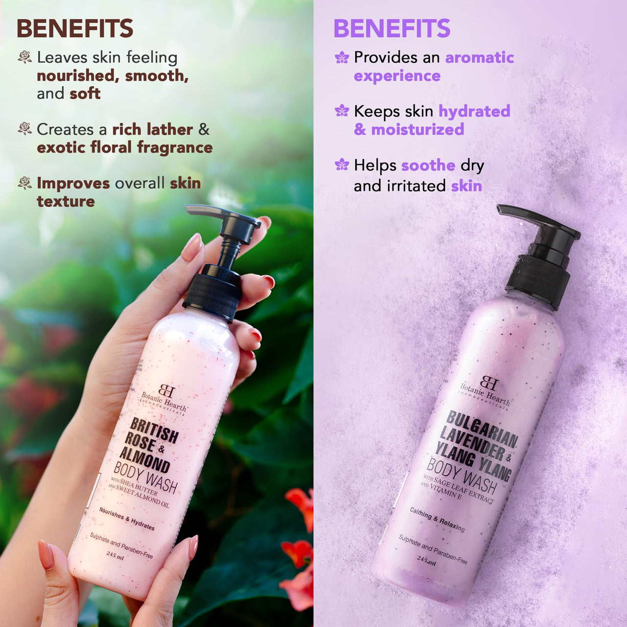 Botanic Hearth British Rose and Bulgarian Lavender Body Wash Shower Gel – Pack of 2 (245 ml Each) – Sulfate & Paraben Free – for Men & Women