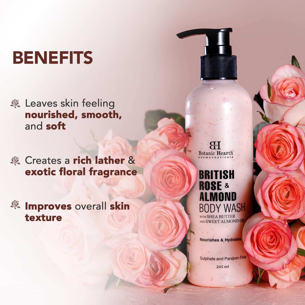 Botanic Hearth British Rose & Almond Body Wash with Shea Butter | Moisturizing Body Wash Shower Gel for Softer, Smoother Skin | Sulfate & Paraben Free | for Women & Men | 245ml