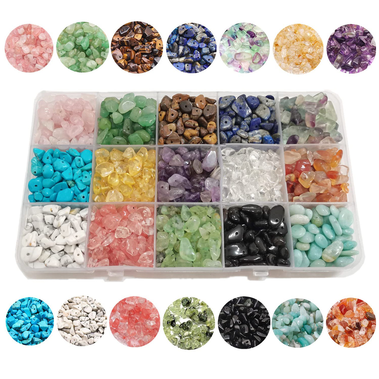 GangGangHao 1888 Pcs Natural Chip Stone Beads About 500g Irregular Gemstones Healing Crystal Loose Rocks Bead Hole Drilled DIY for Bracelet Jewelry Making Crafting (5-8mm, 15 Color Mix-S1) 15 Color-S1