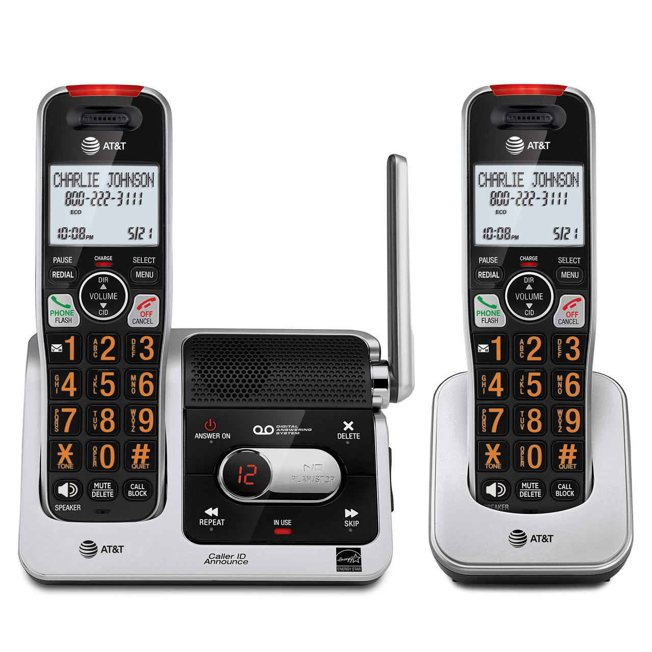 AT&T BL102-2 DECT 6.0 2-Handset Cordless Phone for Home with Answering Machine, Call Blocking, Caller ID Announcer, Audio Assist, Intercom, and Unsurpassed Range, Silver/Black 2 Handset