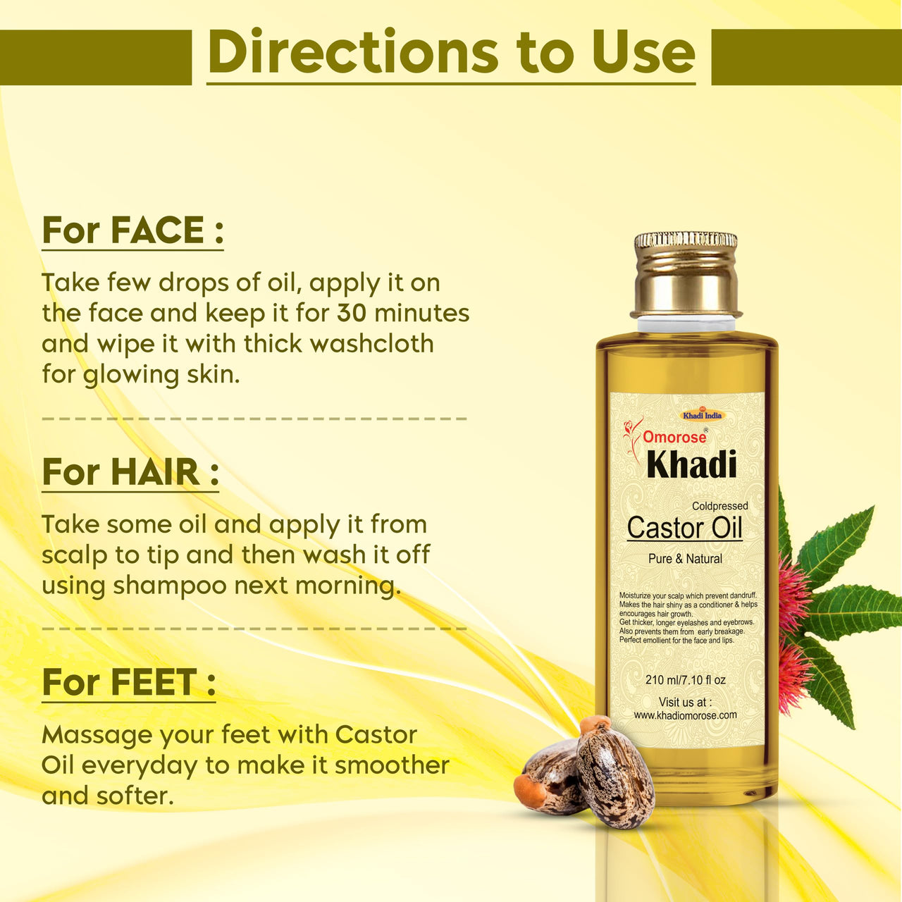 Khadi Omorose Castor Oil | Coldpressed & Hexane Free| Supports Stronger Hair| Hydrates Skin | Healthy Eyelashes Eyebrows, Lips & Nails -210 Ml
