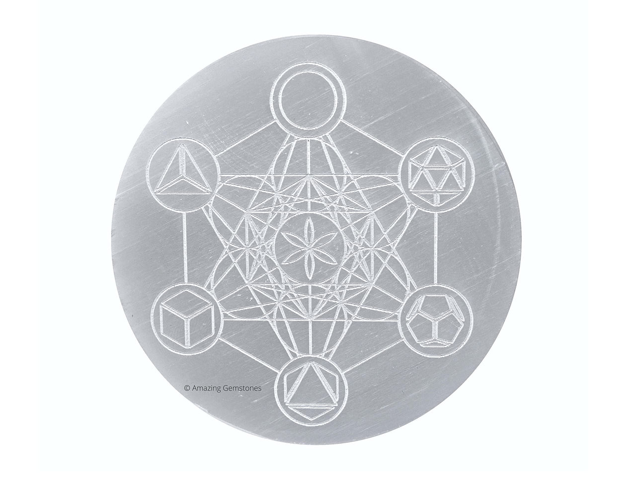 Selenite Crystal Charging Plate For Crystals And Healing Stones, 4.5" Selenite Crystal Plate Engraved Platonic Metatron Cube Coaster For Home Office Table Decor (Selenite Round Disc) Metatron (Platonic Solid)