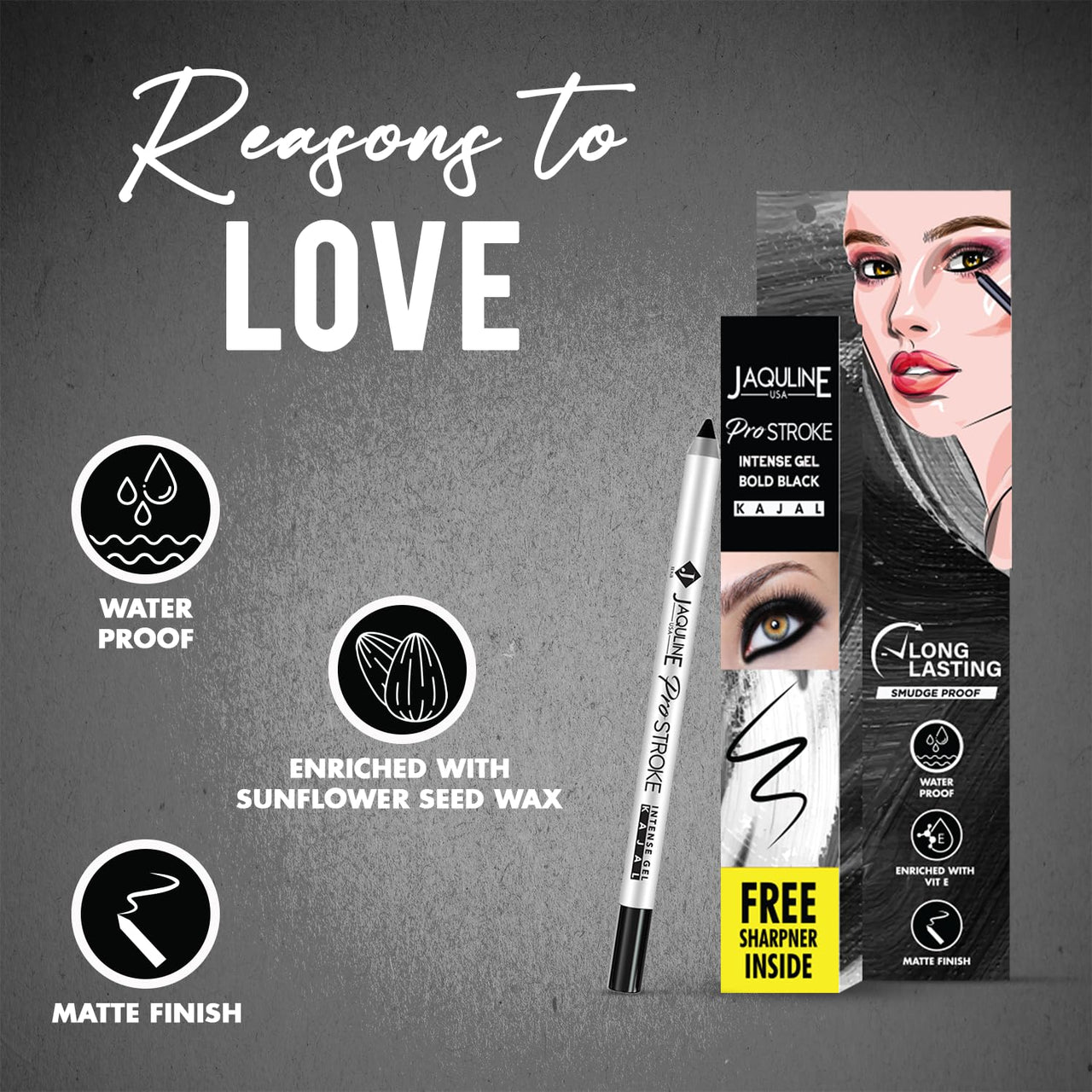 Jaquline USA Pro Stroke Intense Gel Matte Kajal And Sharpener 1.2Gm | Waterproof, Smudgeproof & Fadeproof | Longlasting | Super Black Kajal | With Free Sharpener | Nourished With Castor Oil