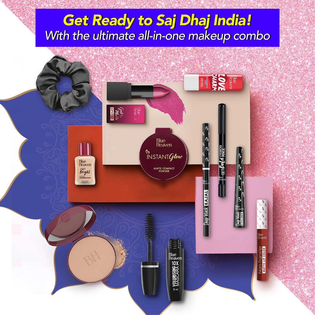 Blue Heaven Saj Dhaj Festive Makeup Kit for women- Vanilla, Pack of 10 | Full face Makeup kit, Fair Tone combo, 19g+26.3ml