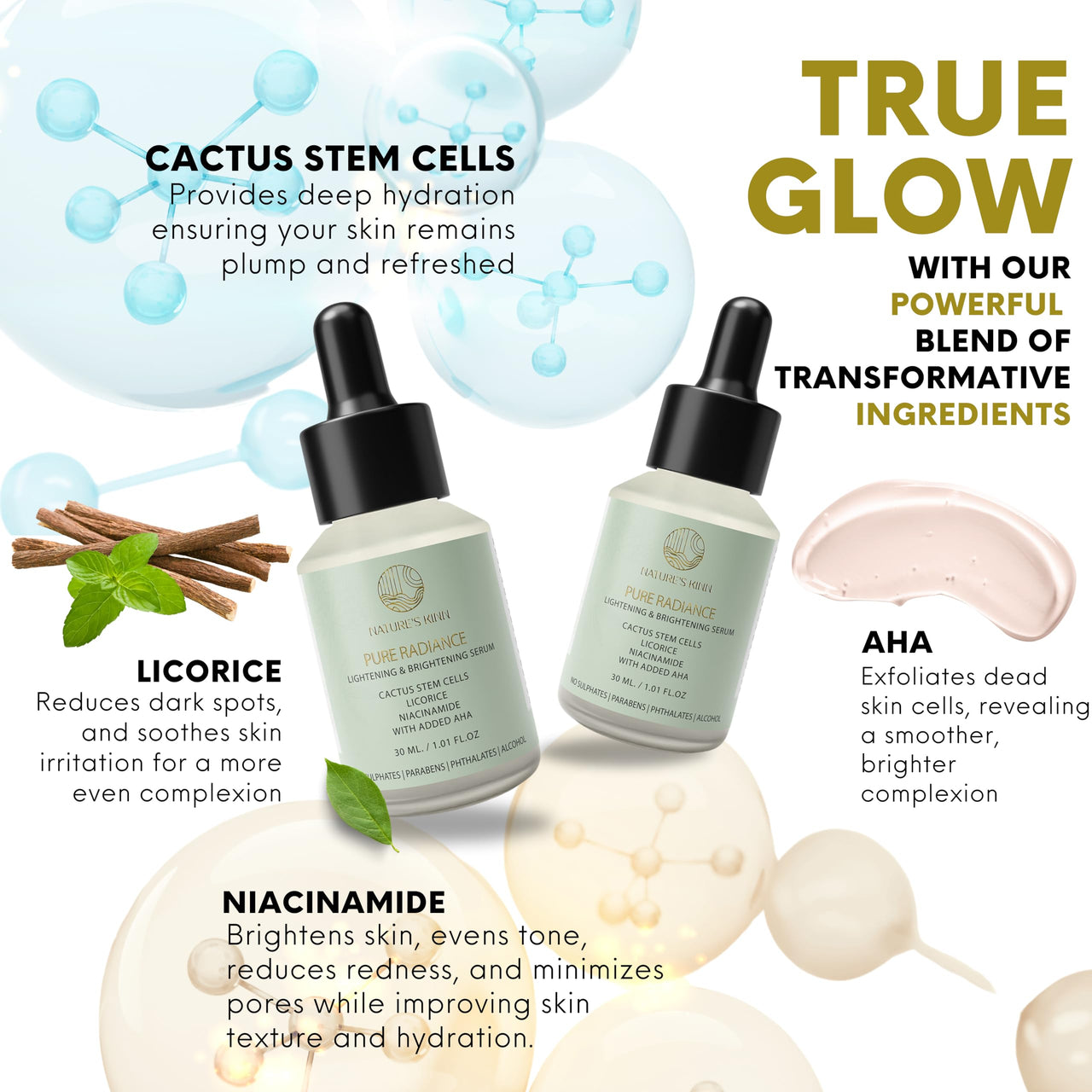 Nature's Kinn Pure Radiance Lightening & Brightening Serum 30 ml | Enhanced with Licorice, Niacinamide, Cactus Stem Cells, and AHA | Free of Alcohol, Sulphates, Parabens, and Phthalates | Hydrating, Skin-Brightening Serum