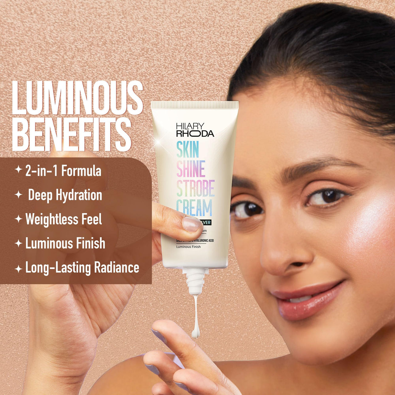 Hilary Rhoda Skin Shine Strobe Cream | 2 in 1 - Highlighter & Moisturiser | Shea Butter & Hyaluronic Acid | Intense Hydration | Weightless formula & Luminous Finish - 25ml (Sterling Silver - Shade 01)