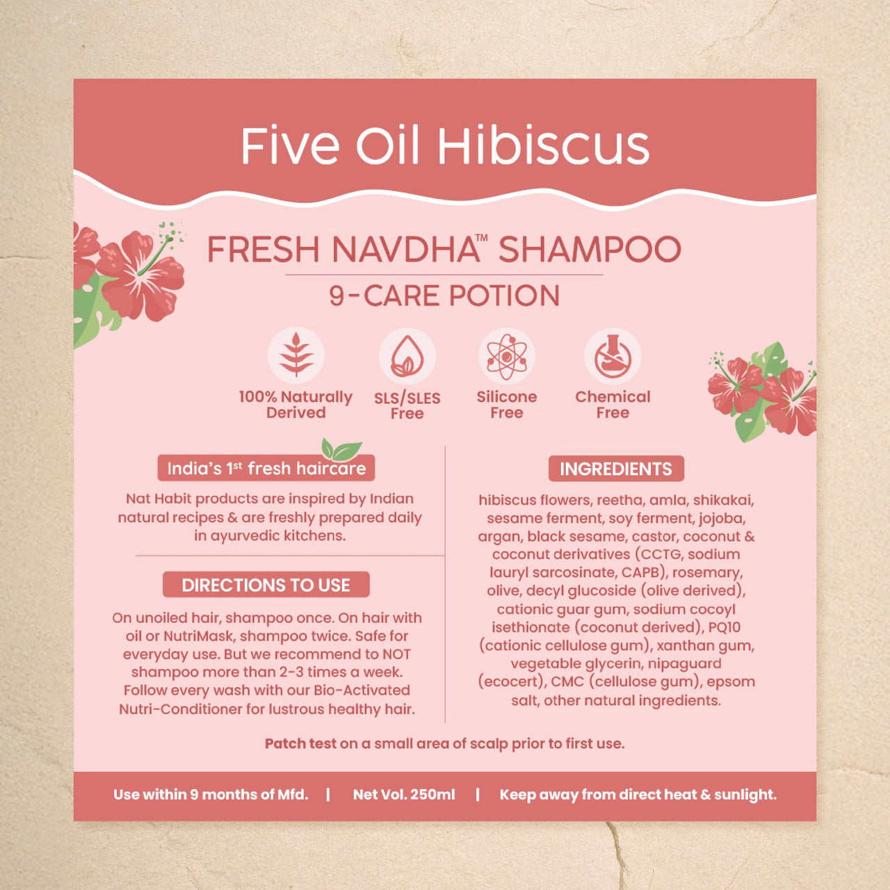Nat Habit Sulfate-Free Natural Five Oils Hibiscus Hair Growth Shampoo, Navdha Shampoo for Women and Men (Pack of 2 X 250ml)