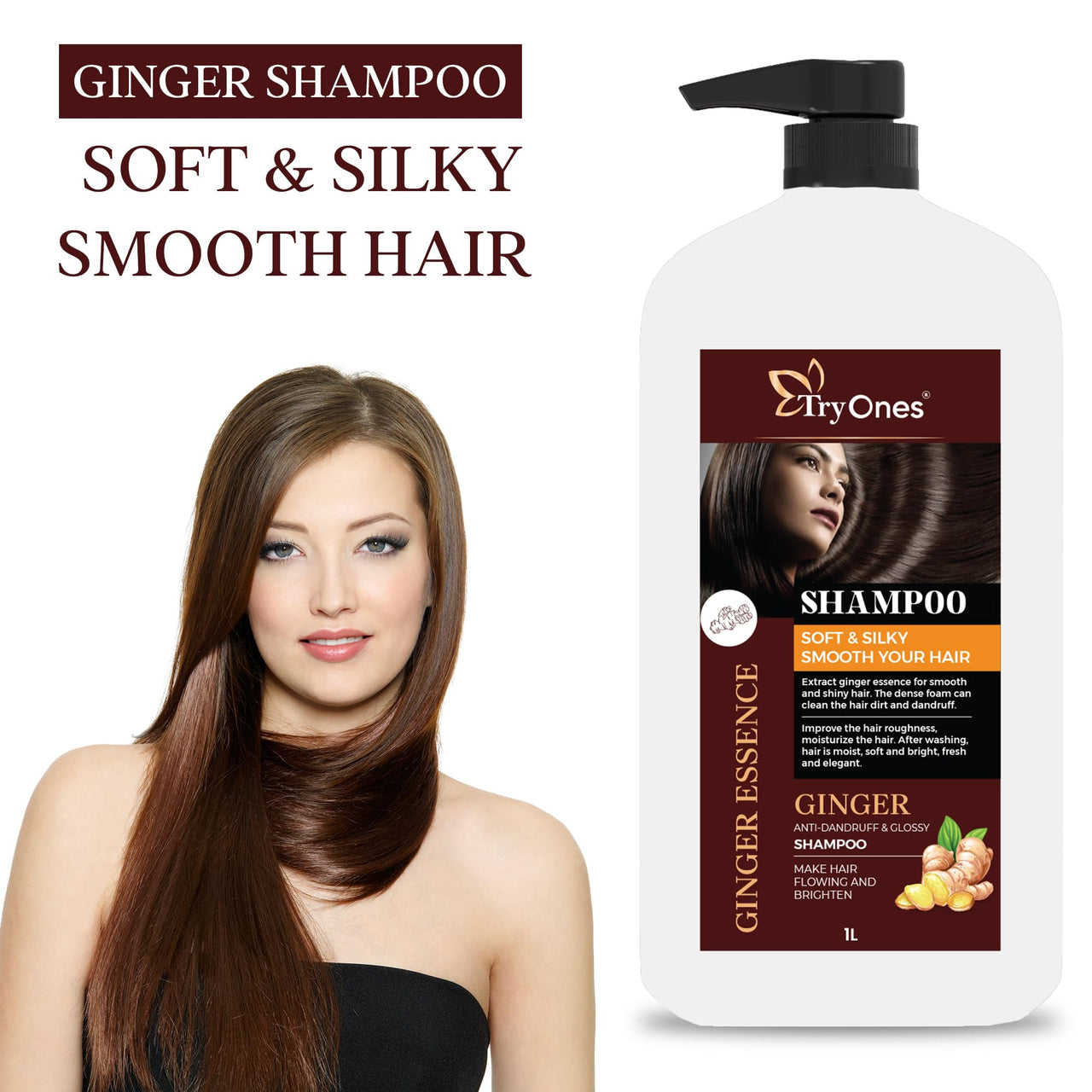 TryOnes Dandruff-Control Shampoo | Ginger Root | Anti Dandruff | Silicon, Sulphate & Chemical Free | For All Hair Types | 1000ml