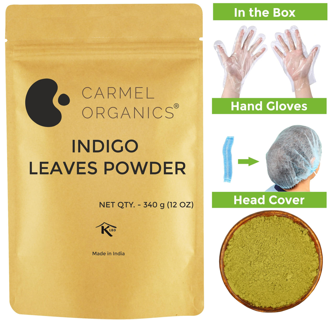 CARMEL ORGANICS Indigo Leaves Powder (340 Grams) – Natural Hair Colorant for Black/Brown Hair, Includes Gloves & Hair Cap, No Added Colors or Preservatives, Avuri Akulu, Indigofera Tinctoria
