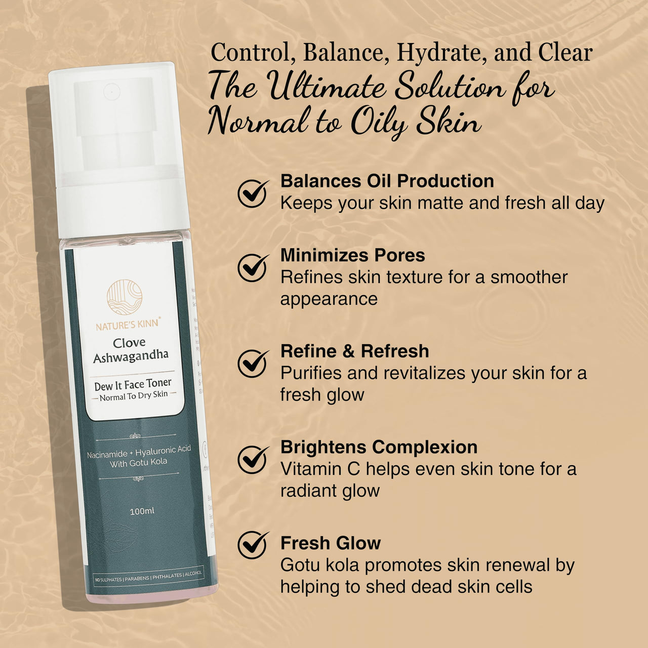 Nature’s Kinn Clove Ashwagandha Face Toner | Hydrating & Soothing Toner for Normal to Dry Skin | With Niacinamide, Hyaluronic Acid & Gotu Kola | Alcohol-Free, No Parabens or Sulphates | 100ml