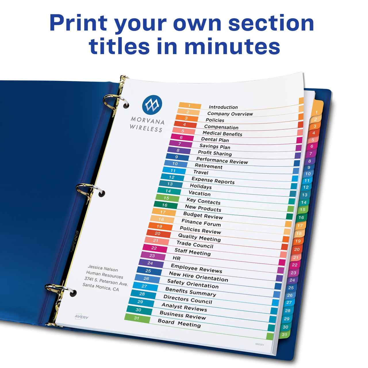 Avery 1-31 Tab Dividers for 3 Ring Binders, Customizable Table of Contents, Multicolor Tabs, 1 Set (11129) Divider
