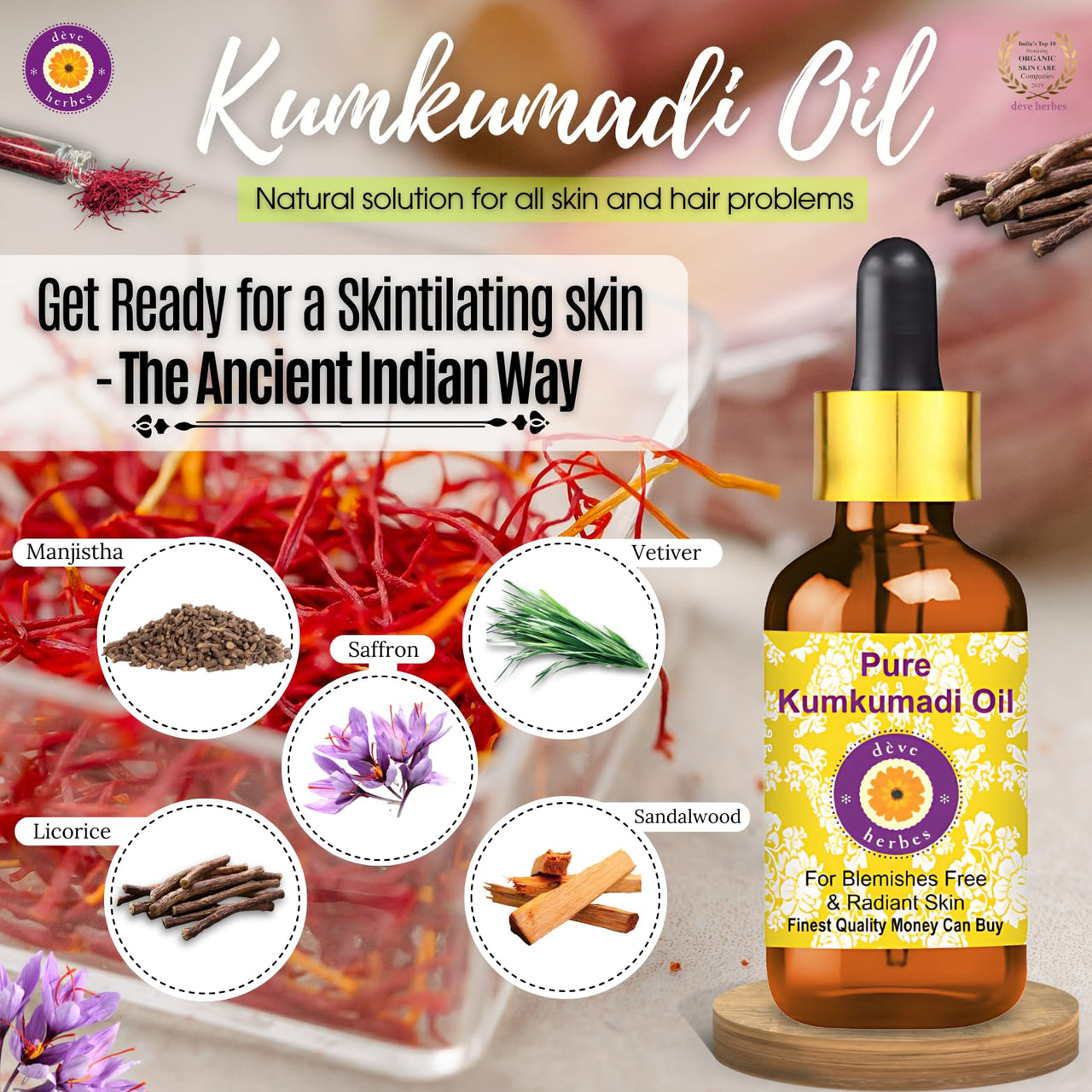 Deve Herbes Kumkumadi Face Oil (Tailam) | Traditionally Extracted | Pure | Saffron-Enriched | Non-Sticky | Lightweight | Ancient Ayurvedic Blend | For All Skin Types | Men & Women | 100ml
