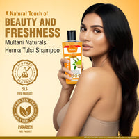 Multani Naturals Henna & Tulsi Shampoo (270 ml) | For Silkier & Denser Hair | Improves Scalp Health | For Hair Growth & Dandruff Control | SLS & Paraben Free | Dermatologically Tested