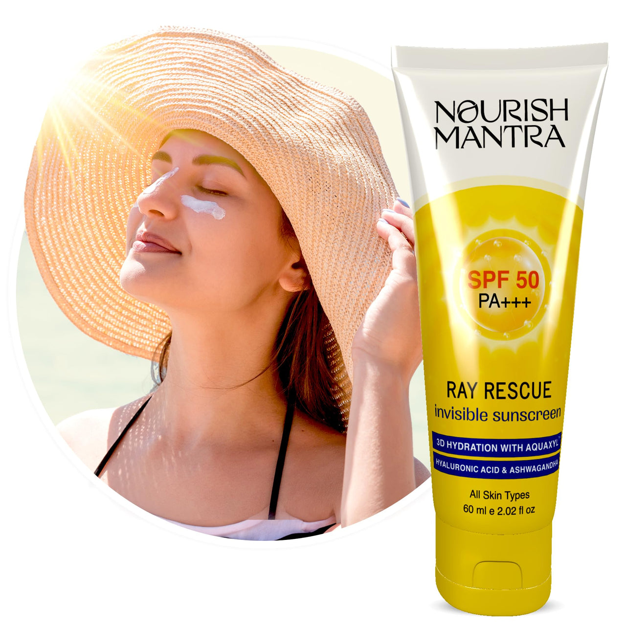 Nourish Mantra Ray Rescue Sunscreen/Sunscreen SPF 50/ With Hyaluronic Acid, Aquaxyl, Aloe Vera Extracts & Ashwagandha Extracts/No White Cast/For Both Men & Women / 60 ml (Pack of 1))