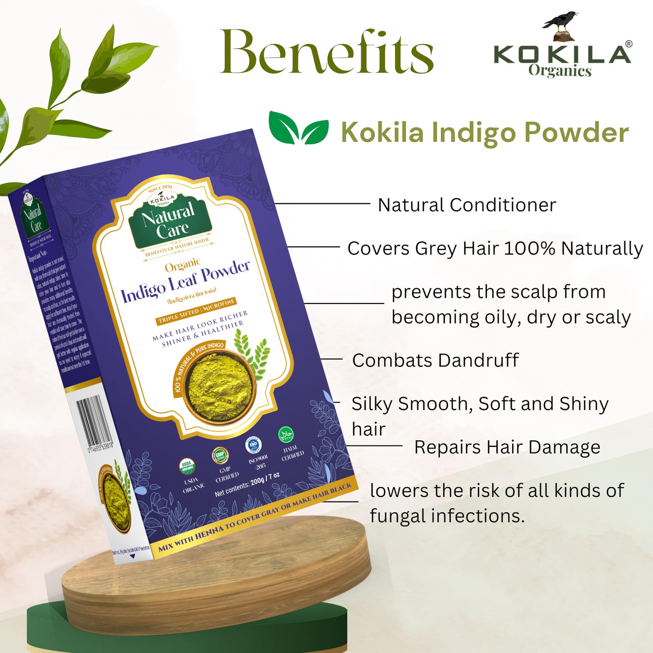 Kokila Indigo Powder 100% Naturals & Organic Hair Coloring, Protects hair from Damage, Dark Brown Color - 1 Box (2 Pouches - 100Gm each) 200Gm