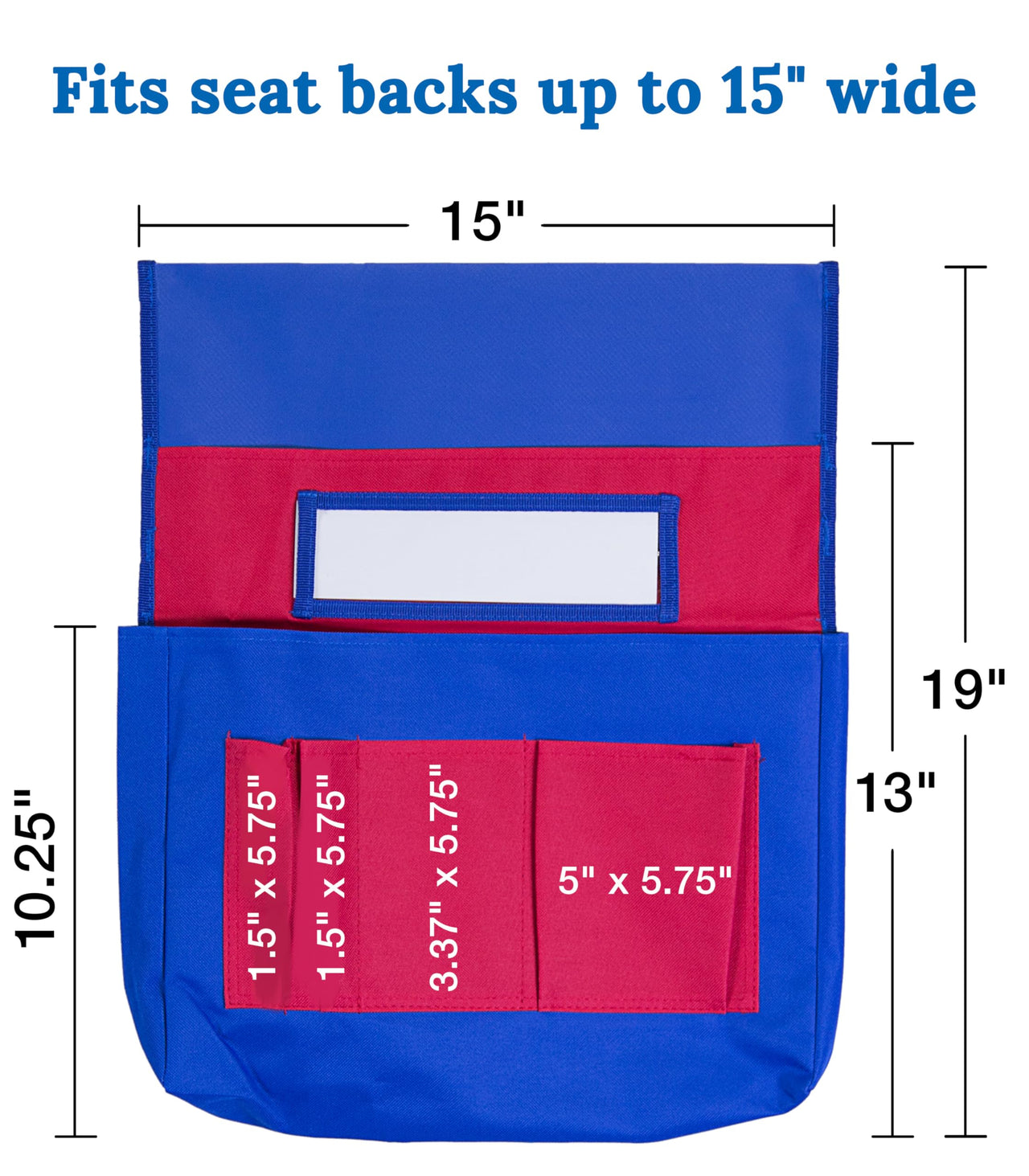 Carson Dellosa 15" W x 19" H Canvas Blue and Red Chairback Buddy Pocket Chart, Classroom Chair Organizer, Classroom Chair Storage with 6 Chair Pockets and One Student Name Tag, Seat Storage Organizer 1 pack Blue & Red