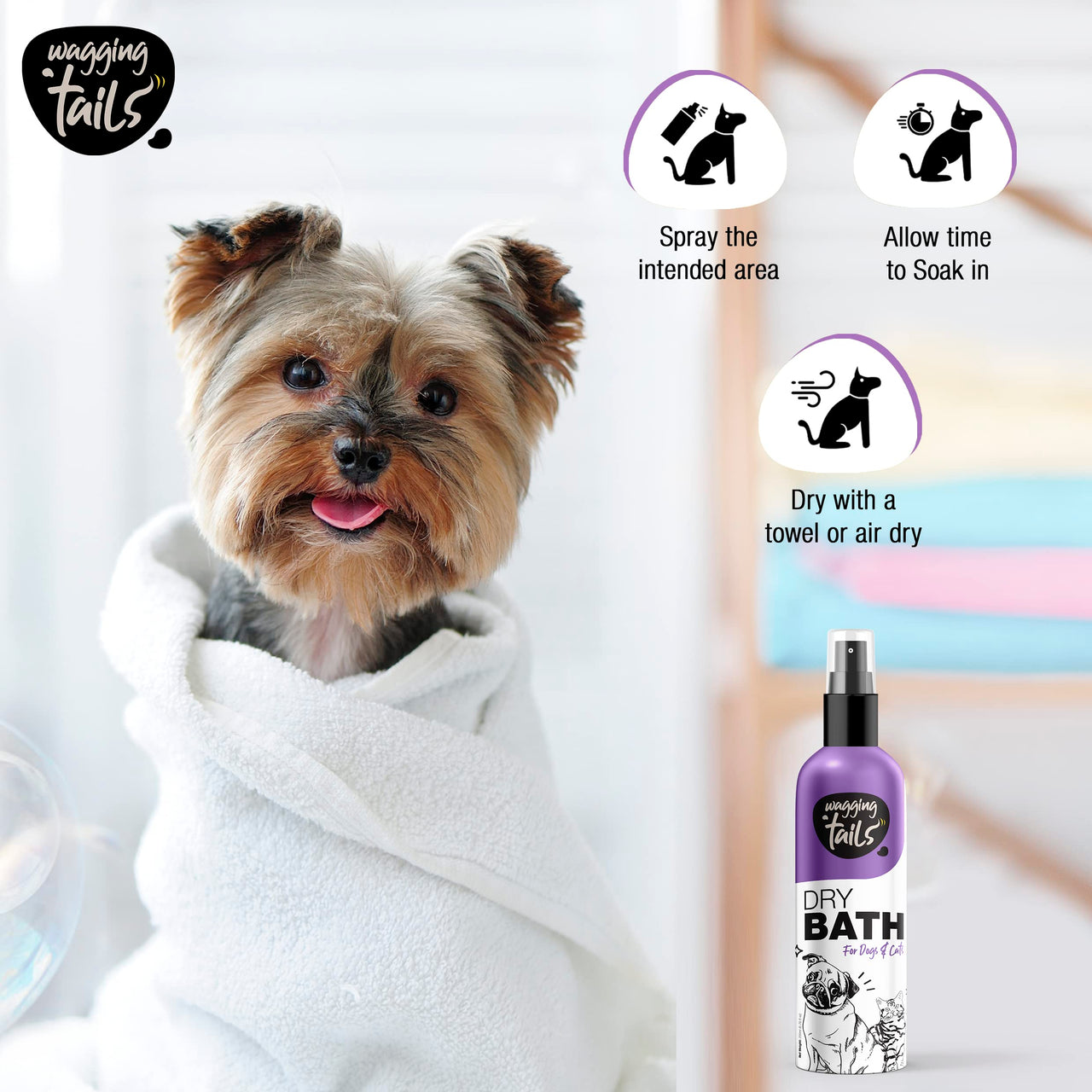 Wagging Tails Dry Bath Waterless Shampoo- 200ml for Pets | Grooming and Bathing for Dogs and Cats | Easy to Use When Travelling with Pet | Tearless Dog Shampoo