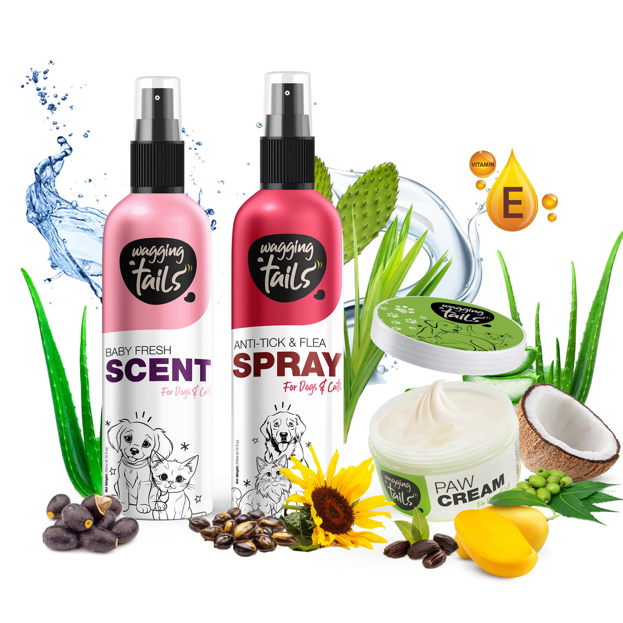 Wagging Tails 3 in 1 Grooming Kit Combo for Pets Dog Anti-tick and flea Spray 200ml +Paw Cream 50gm + Baby Fresh Scent 200ml