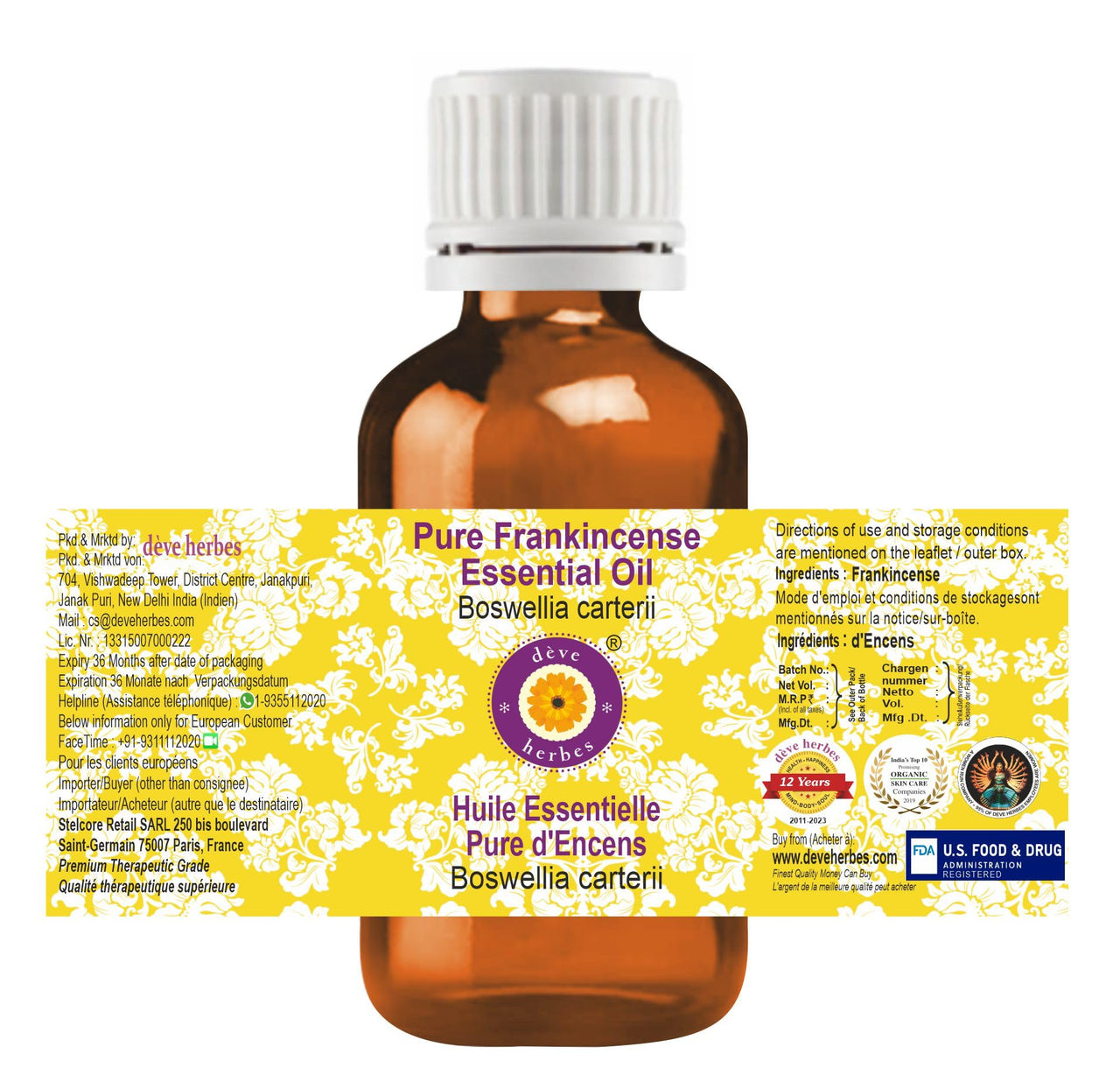 Deve Herbess Pure Frankincense Essential Oil (Boswellia carterii) Steam Distilled 15ml