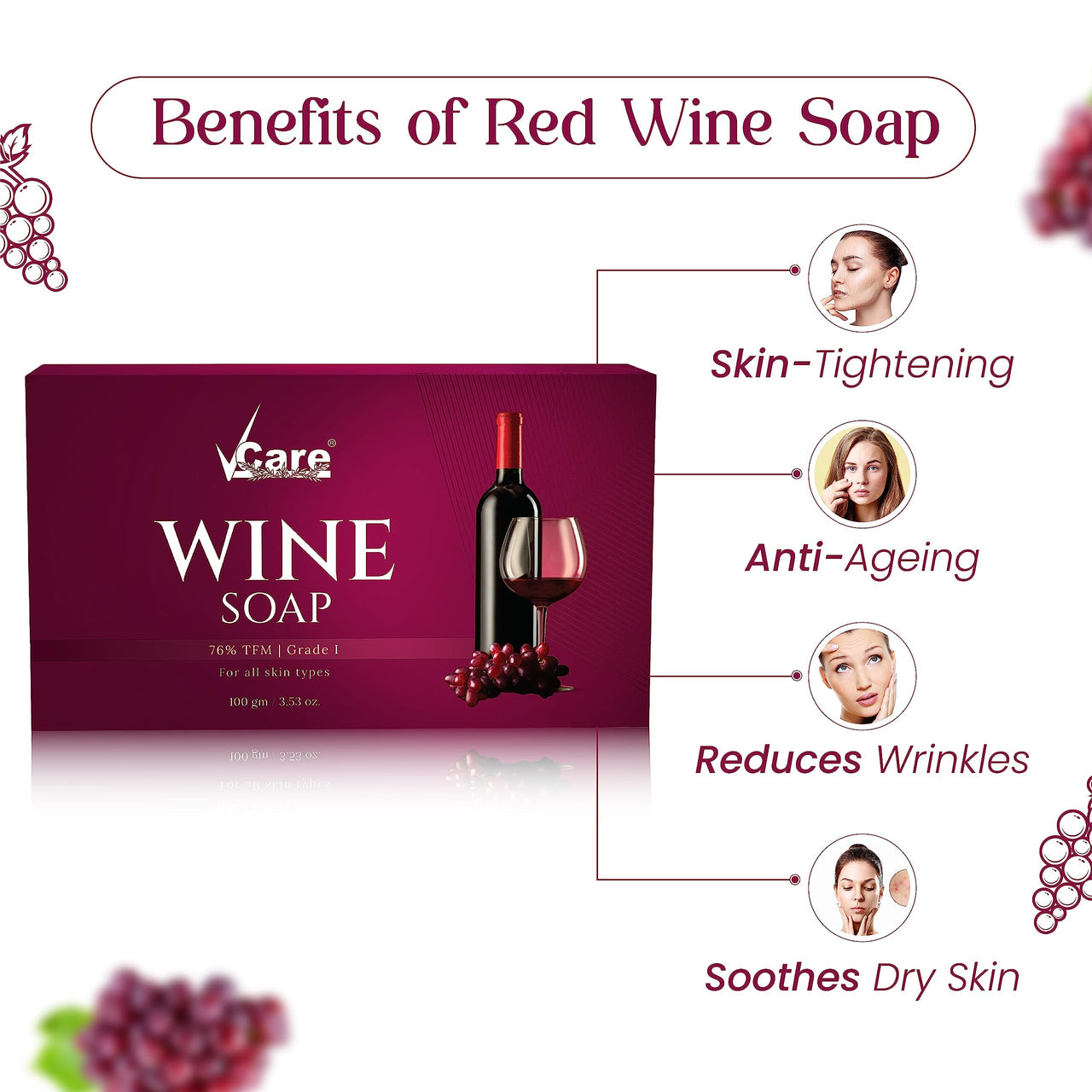VCare Red Wine Bathing Bar/Soap for Body, Hand, Face 100 gm - Helps to Reduce Fine Lines and Wrinkles for Men and Women (Pack of 10)