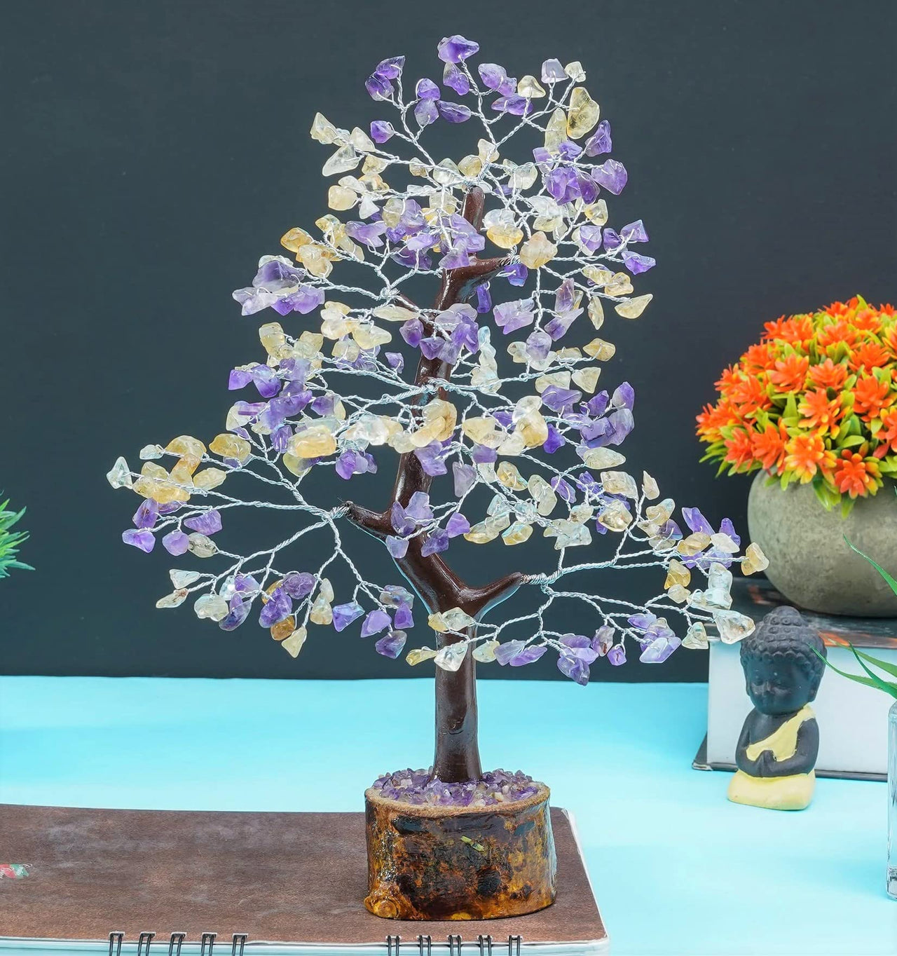 Amethyst & Citrine Crystal Tree of Life - Chakra Tree for Positive Energy, Handmade Gemstone Tree - Feng Shui Decor, Good Luck Money Tree Bonsai - Healing Crystals, Decoration Ornament, Spiritual Gift Amethyst + Citrine (Silver Wire)
