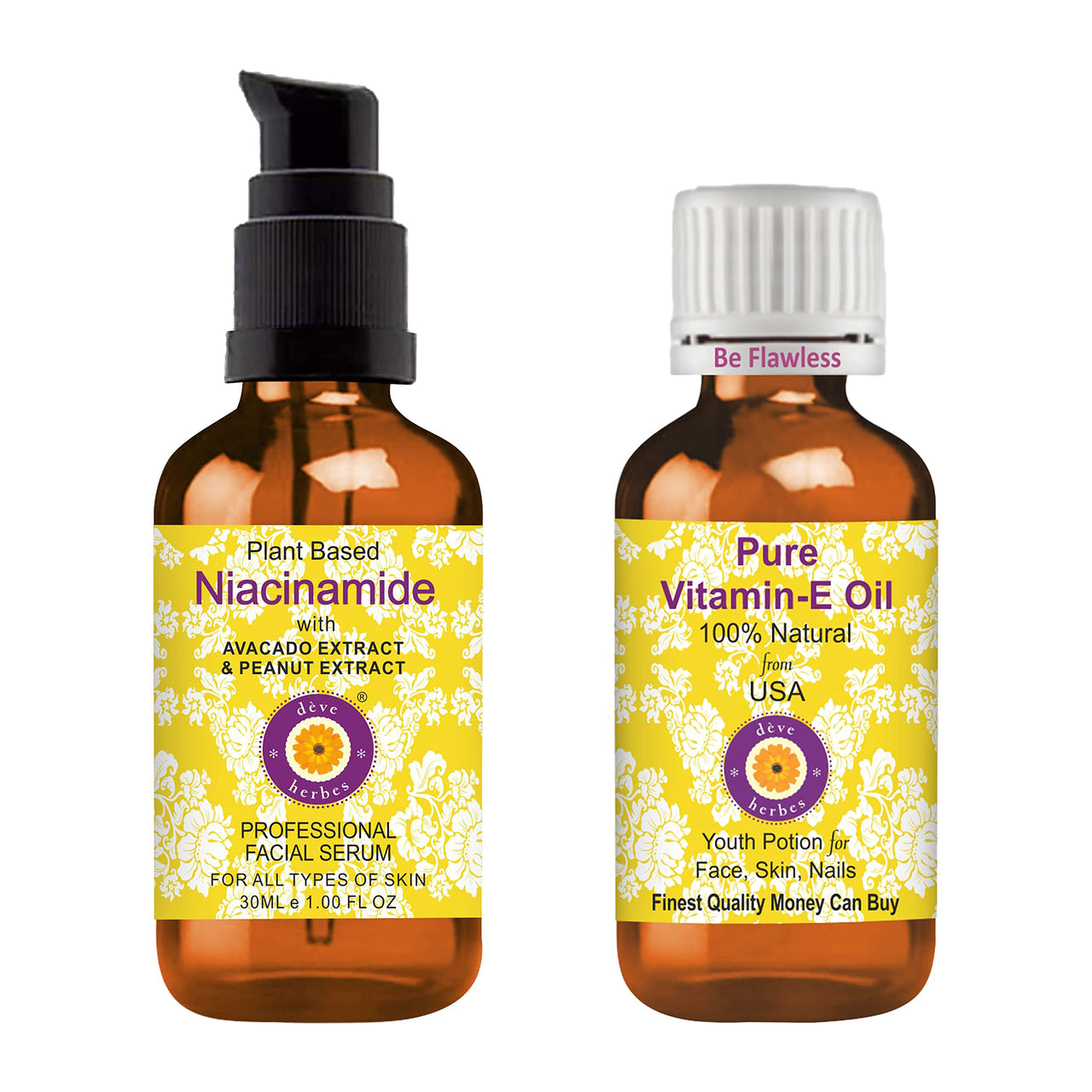 Deve Herbes Plant Based Niacinamide Face Serum with Avocado, Peanut, Pumpkin Seed Extract & Asparagus for Personal Care 30ml + Pure Vitamin E Oil 30ml