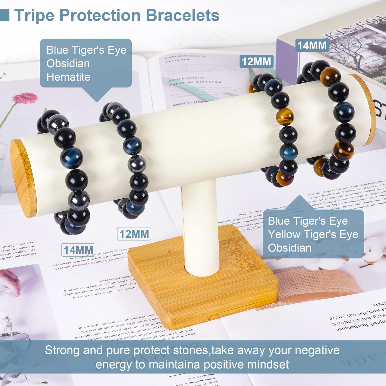 Vicsoon Triple Protection Bracelets for Men Women, Handmade Bracelet with 14mm Blue Tigers Eye Beads Black Obsidian and Hematite, Healing Crystal Jewelry Stone Bracelets Bring Luck and Happiness Blue Black