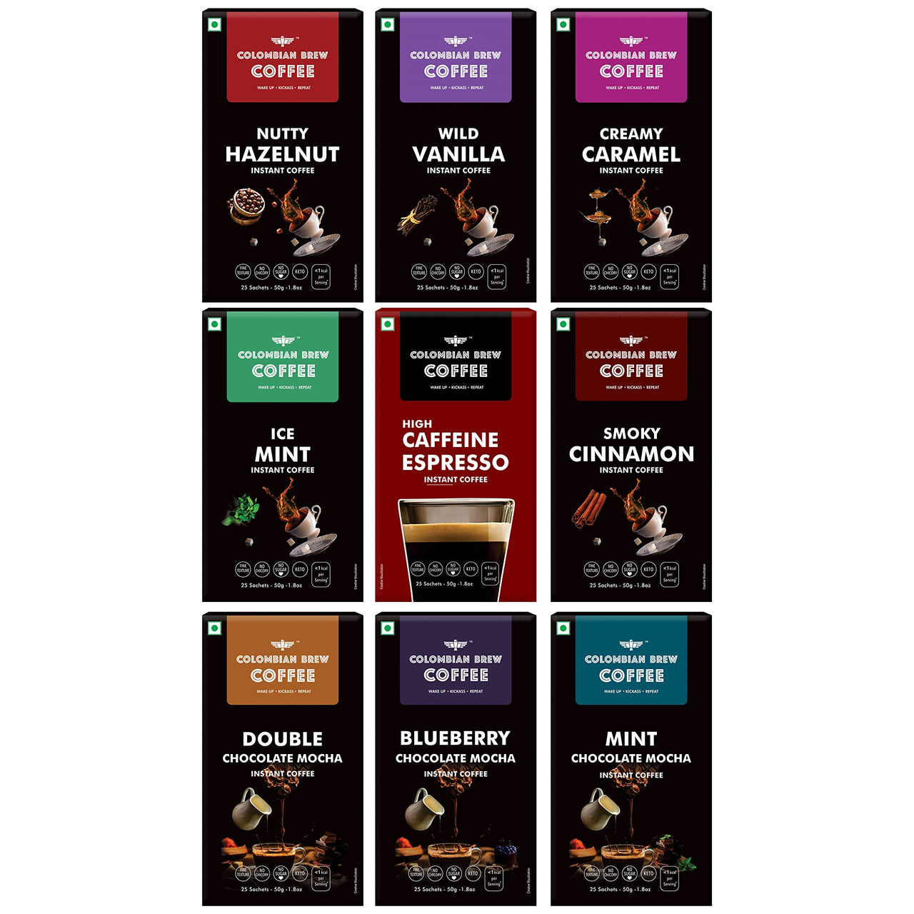 Colombian Brew Assorted, High Caffeine Espresso, Vanilla, Hazelnut, Caramel, Cinnamon, Double Chocolate, Blueberry, Mint Chocolate Mocha, Mint Instant Coffee Powder, 50g Each