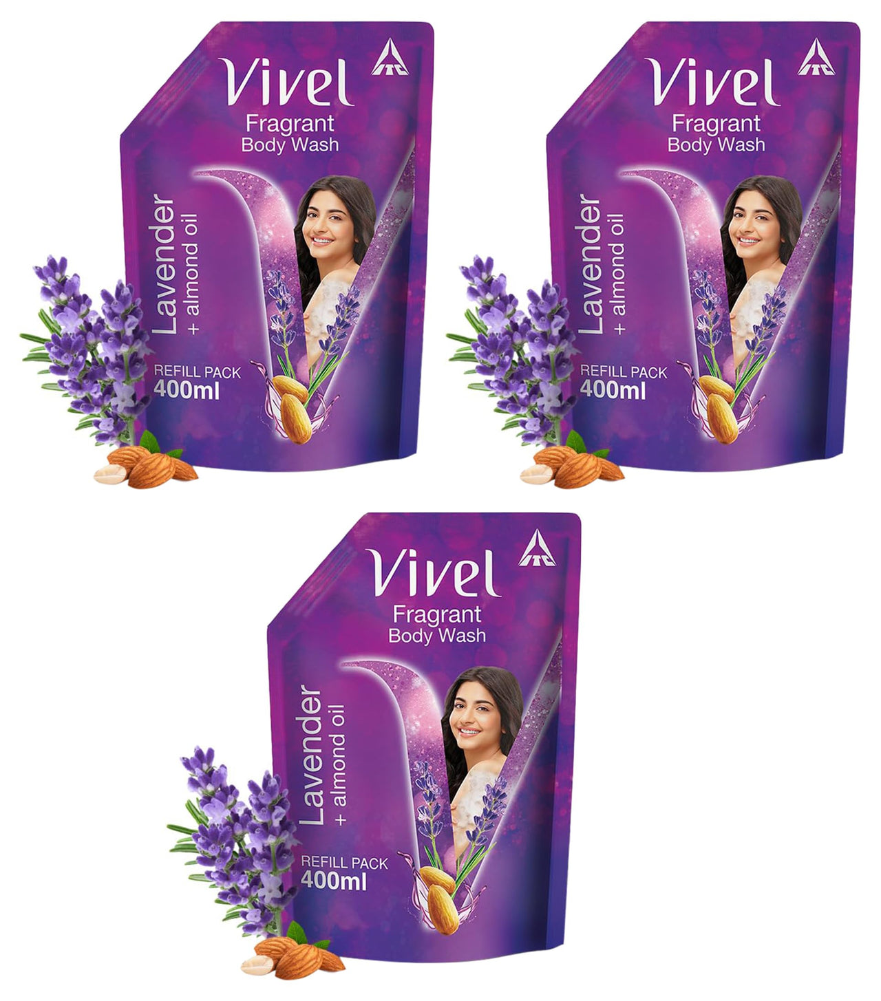 Vivel Exfoliating Body Wash, Lavender & Almond Oil Shower Gel Creme, 400 ml, Liquid Refill Pouch, for Glowing and Moisturised Skin Refill Pouch, All Skin Types (Pack of 3)