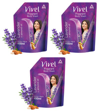 Vivel Exfoliating Body Wash, Lavender & Almond Oil Shower Gel Creme, 400 ml, Liquid Refill Pouch, for Glowing and Moisturised Skin Refill Pouch, All Skin Types (Pack of 3)
