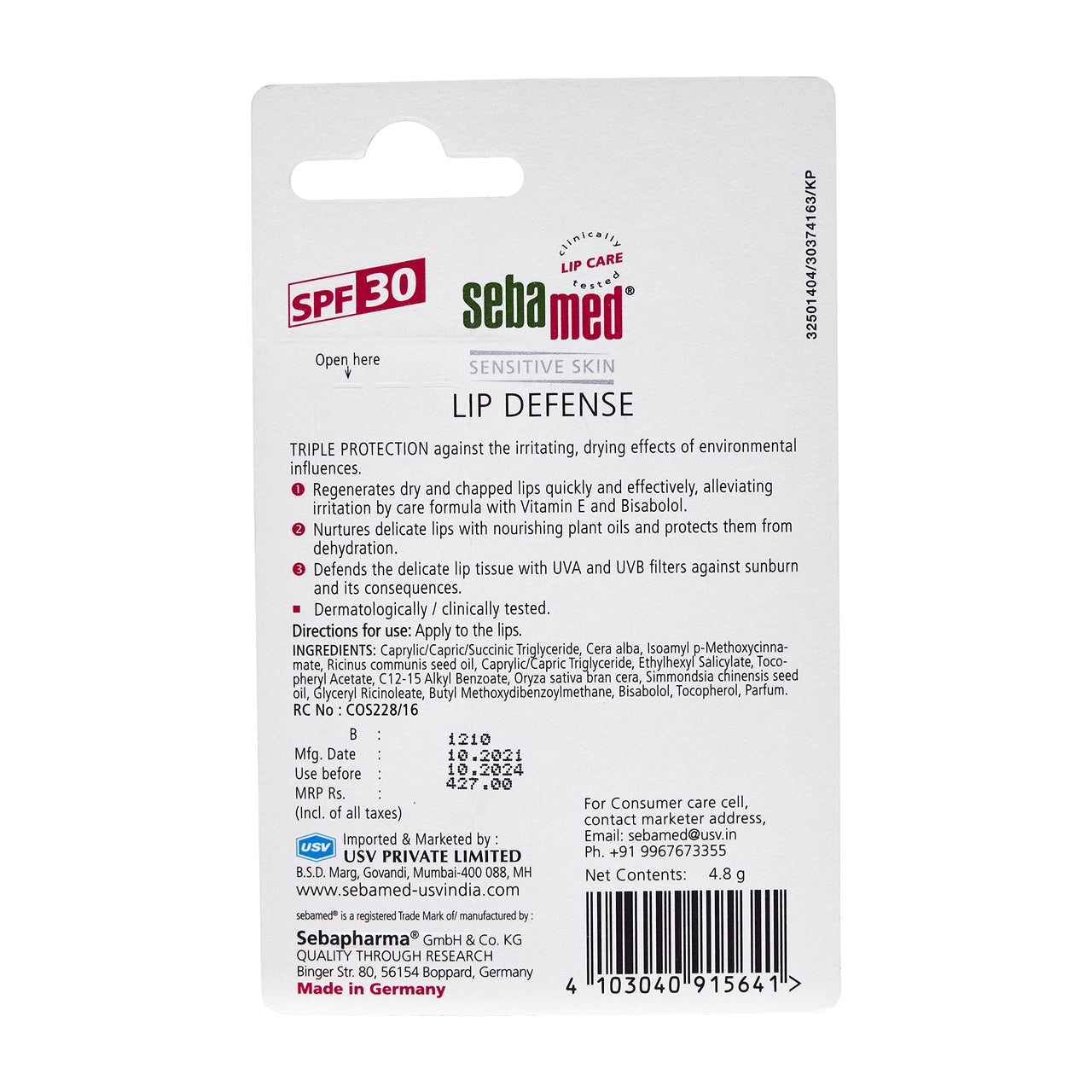 SebaMed Lip Defense Lip Balm With Spf 30 + Vit E | Regenerates Dry, Chapped Lips | Intensive Care With Vit E, Jojoba Oil & Chamomile | Clinically Tested | 4.8 Gm, White | Pack of 3
