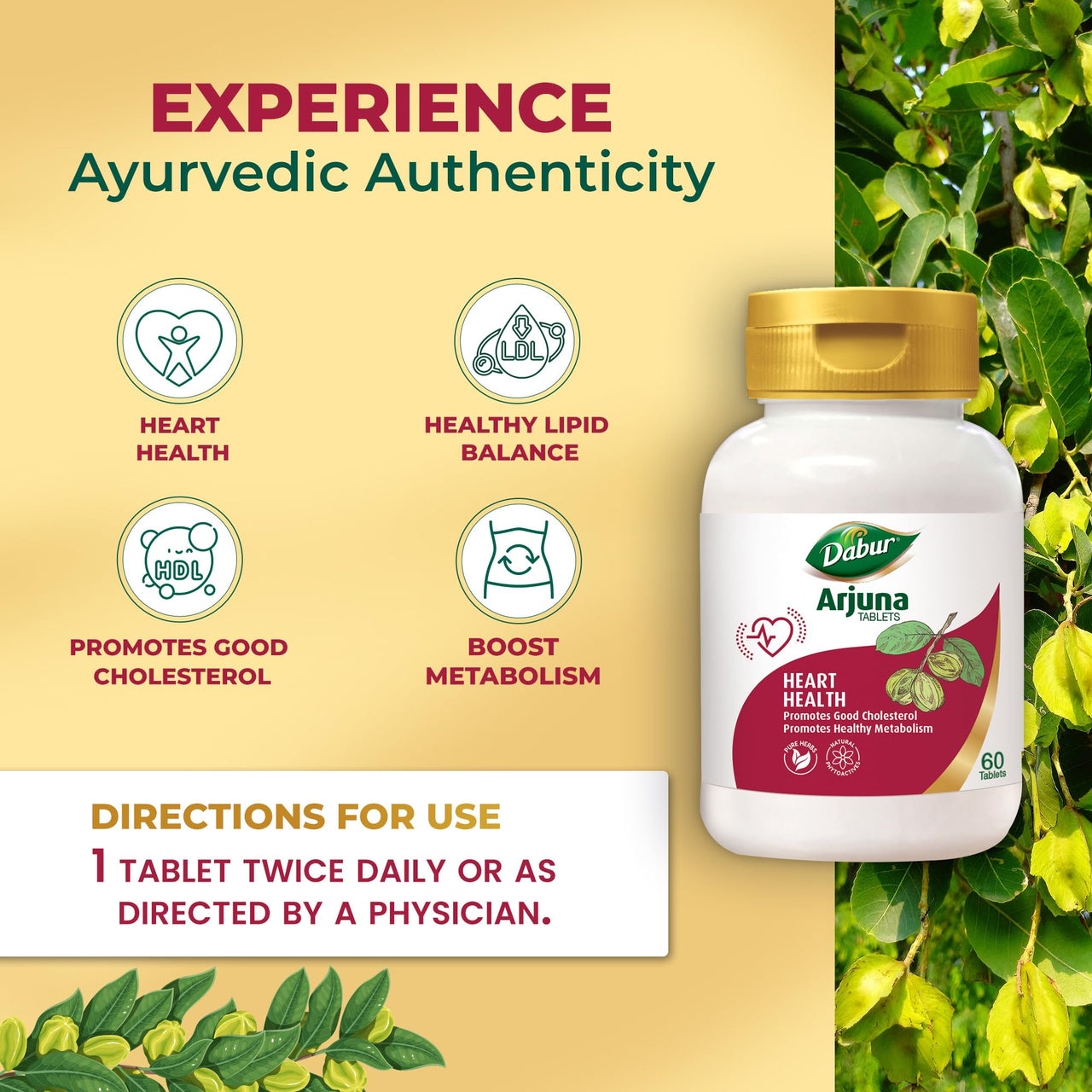 DABUR Arjuna Tablets - 60 Tabs | Promotes Heart Health | Manages Cholesterol Level | Promotes Healthy Metabolism,Pack of 1