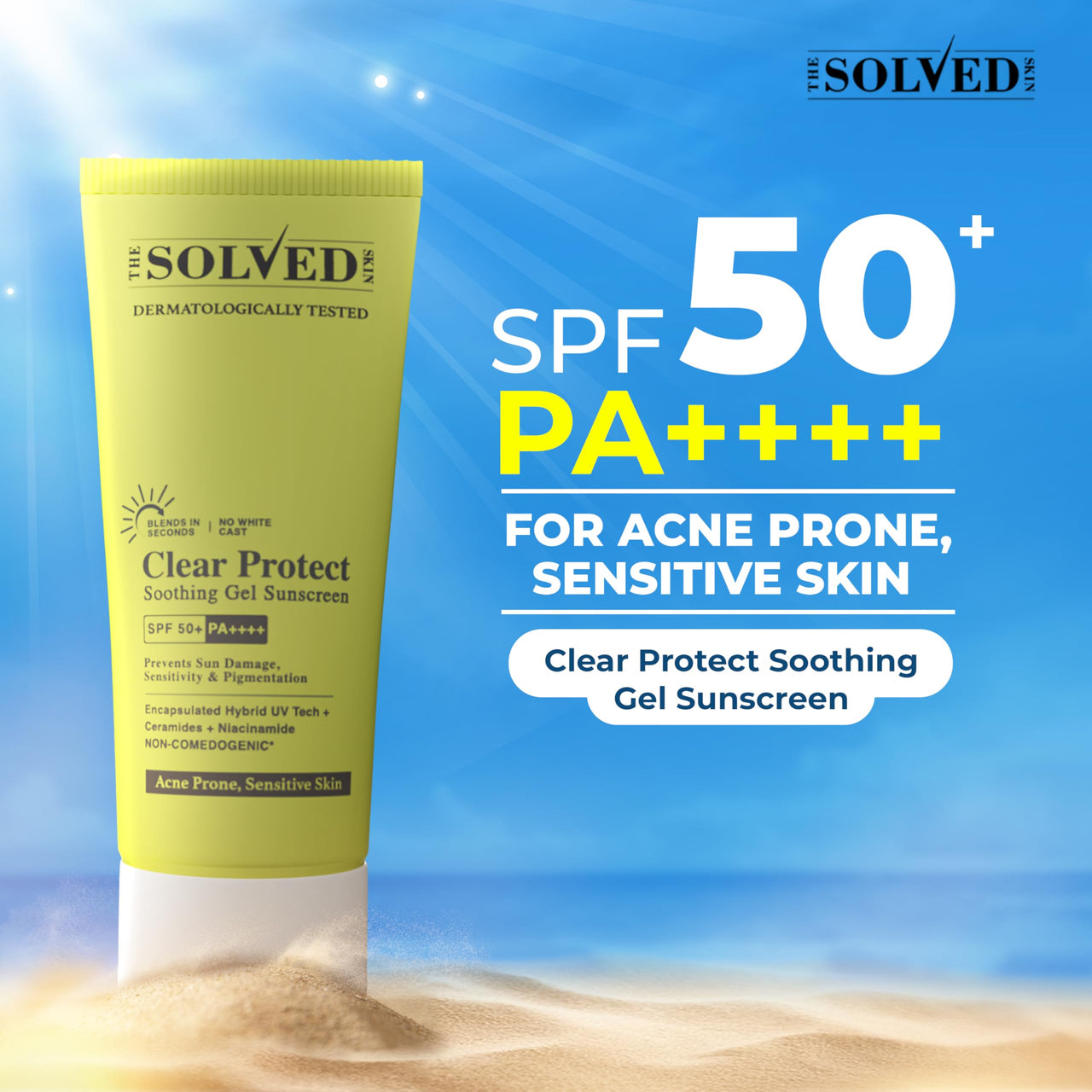 THE SOLVED SKIN Clear Protect SPF 50+ PA++++ Sunscreen for Acne Prone Skin with Advanced Encapsulated UV Tech |Oily Sensitive Skin | Ultra-Light Cooling Gel | No White Cast Broad Spectrum UVA/UVB 50ml