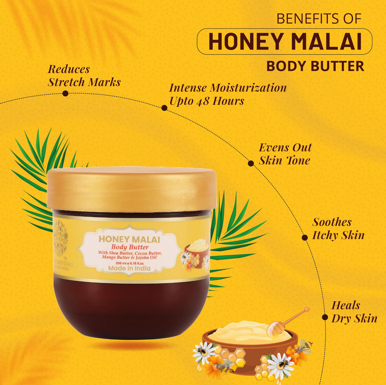 RYLLZ ESSENTIALS Honey Malai Body Butter | with Shea Butter, Cocoa Butter, Mango Butter, Niacinamide & Jojoba Oil| for 48Hrs Moisturisation, Stretch Marks, Dry/Itchy Skin & Uneven Skin Tone | 200 ml