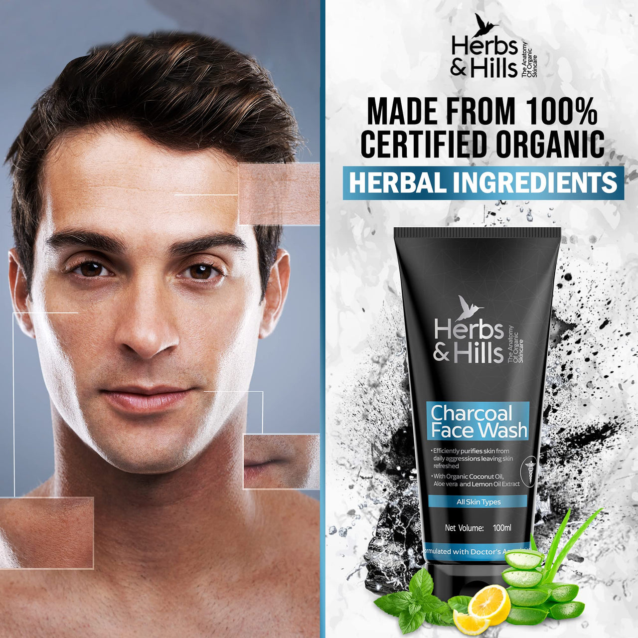 Herbs & Hills Organic Charcoal Face Wash - 100ml | Anti Pollution | Oil Control | For Dirt & Dullness | Face Wash for Oily & Acne Prone Skin | With Natural Coconut Oil, Aloe Vera & Lemon Oil Extract