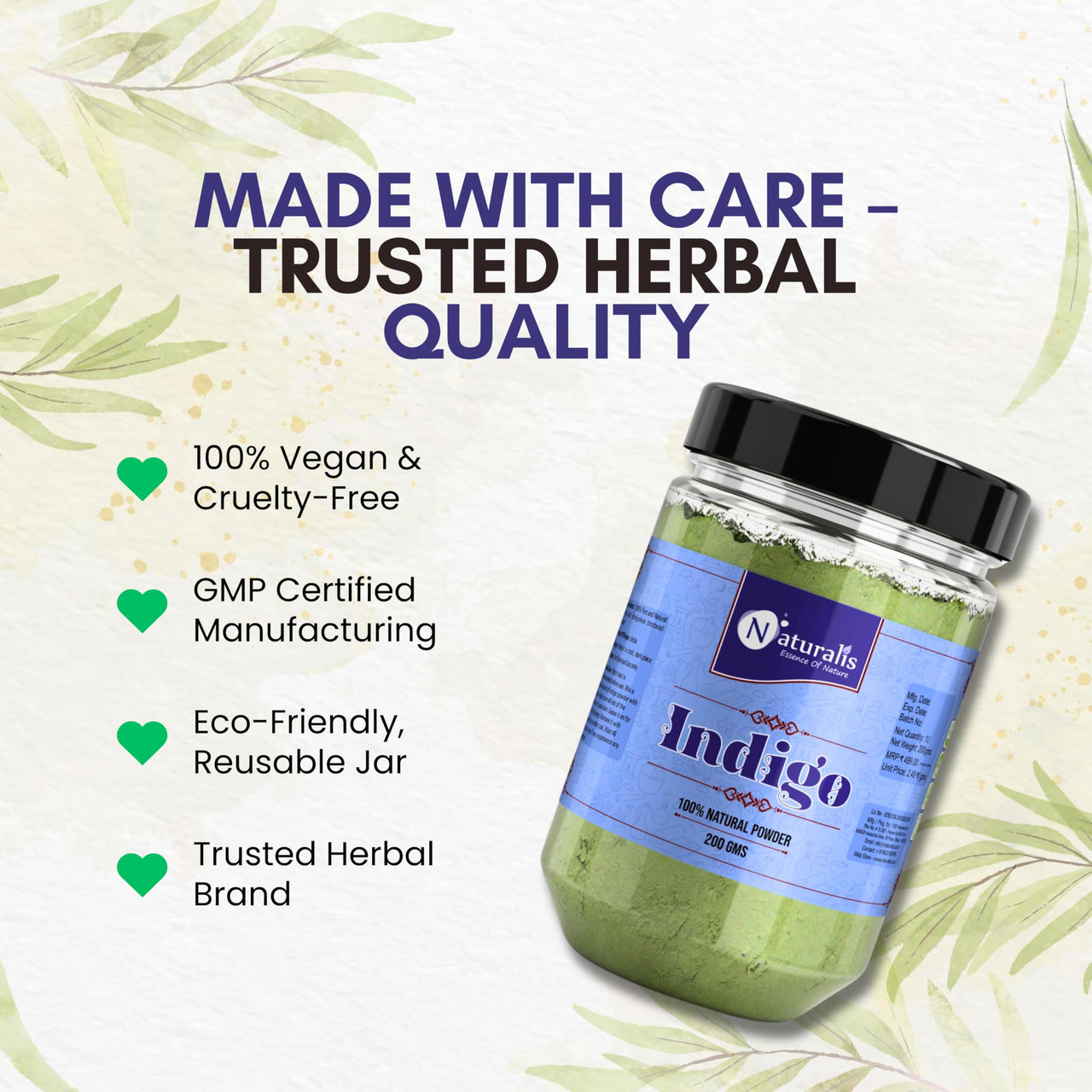 Naturalis Indigo Powder for Hair Black | Indigo Powder 200 Grams - Natural Hair Colouring | No Added Colors - Plant Based Hair Color Leaf | Vibrant & Nourishing