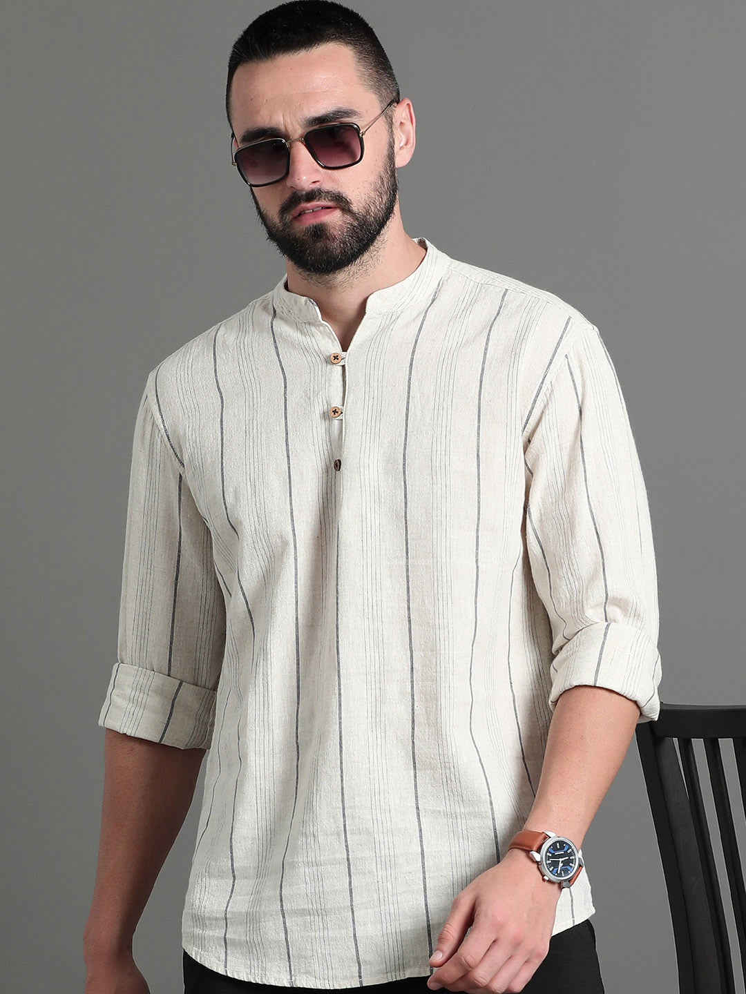 HERE&amp;NOW Striped Cotton Short Kurta