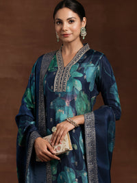 Blue Printed Silk Blend Straight Suit with Dupatta