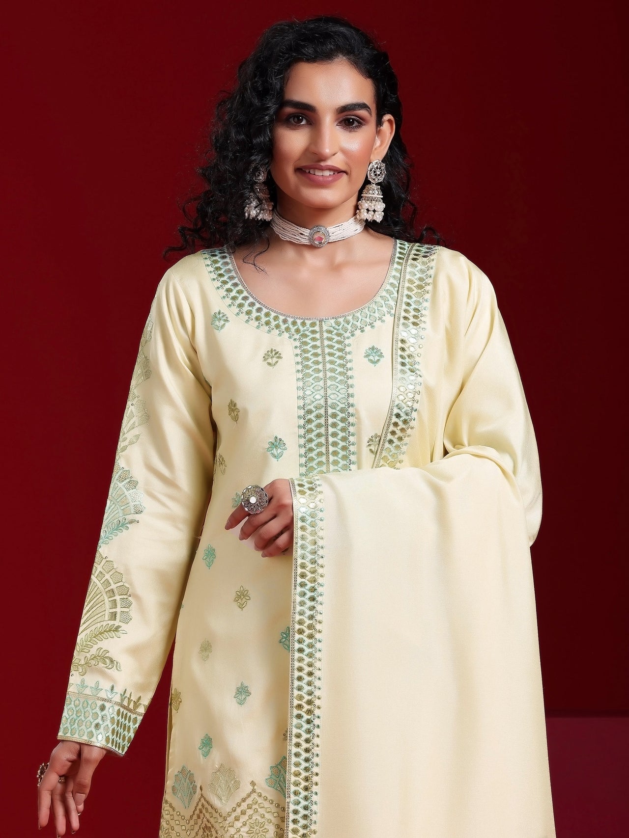 Libas Art Beige Embroidered Silk Blend Straight Suit with Dupatta