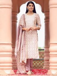 Off White Printed Silk Blend Straight Suit with Dupatta