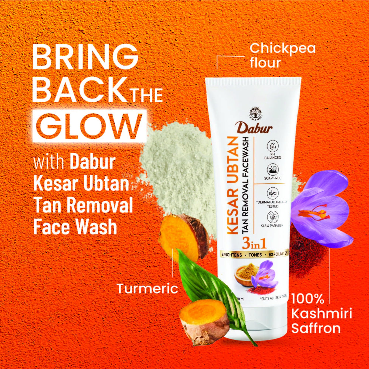 DABUR Kesar Ubtan Face Wash-100Ml|Enriched With Natural Turmeric, Niacinamide & Saffron To Brighten, Tone And Gently Exfoliate Skin|For Removing Tan, Dark Spots, Dirt & Impurities|For Men & Women