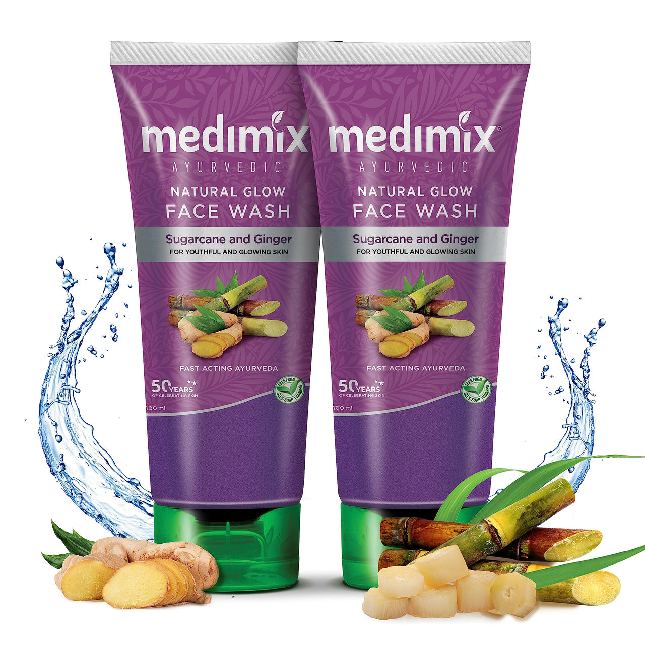 Medimix Ayurvedic Natural Glow Face Wash for youthful and glowing skin | With Sugarcane and Ginger | 100 ml (Pack of 2)